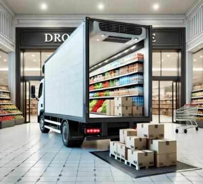 Un camion frigorifique Transport livrant des produits frais et des marchandises emballées à une épicerie. L'image met en avant la propreté et l'efficacité de la livraison.